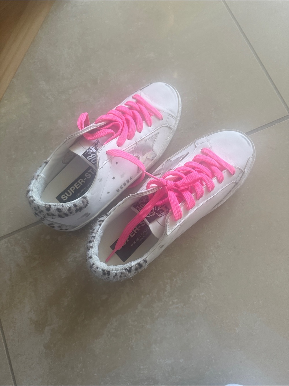 Golden Goose White Leopard Print Sneakers with Pink Laces